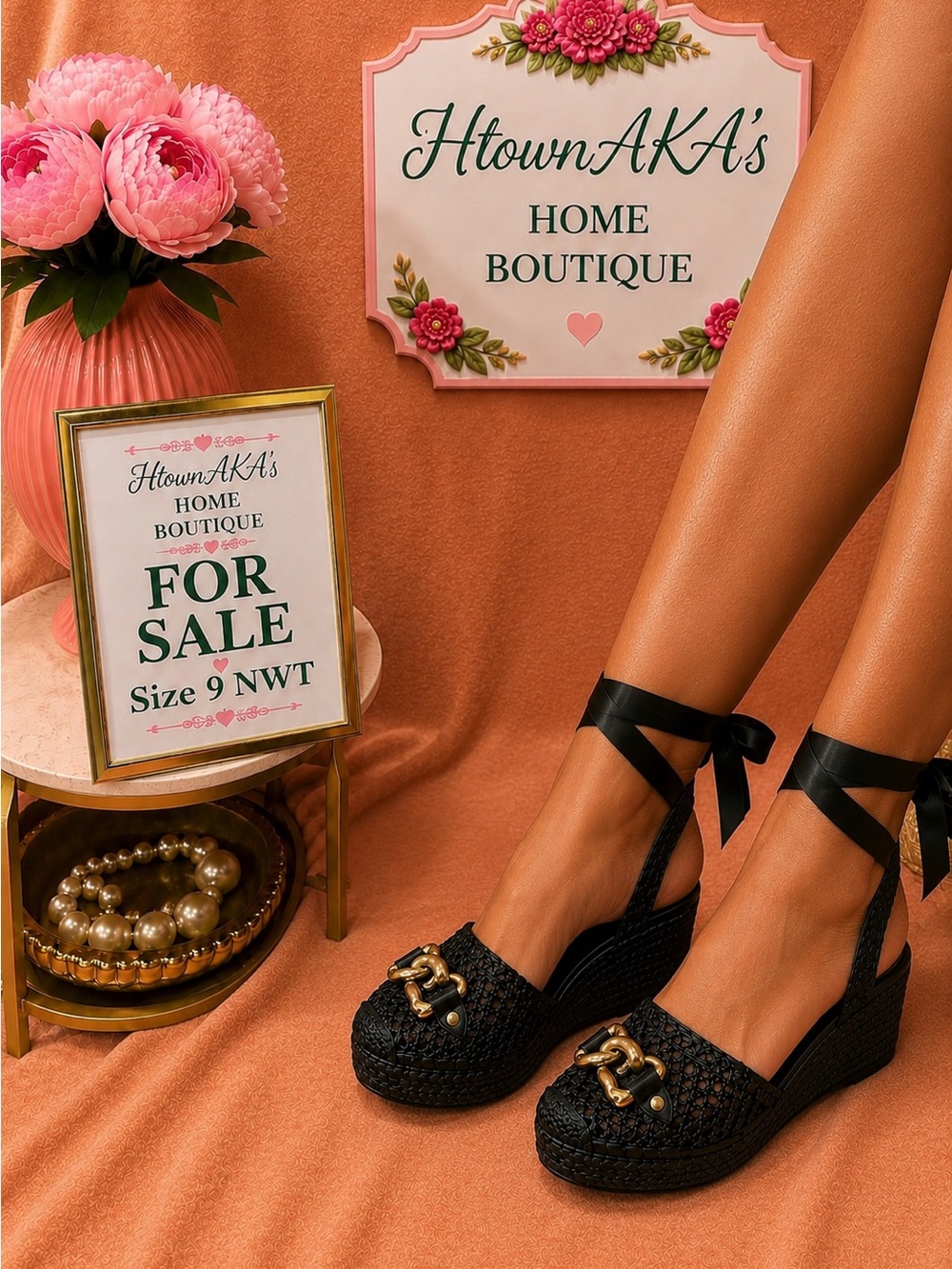Woven Black Espadrille Wedges Ankle Tie with Gold Accent